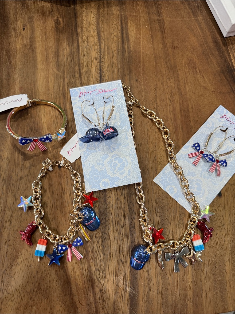 Betsey Johnson Red, White & Blue Patriotic Charm Necklace, Bracelet & earrings
